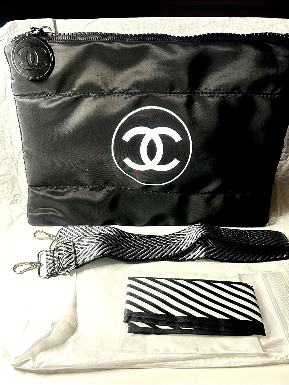 CHANEL Black Puffy Pouch with Add on  Unbranded  Strap and Twilly GWP NWT